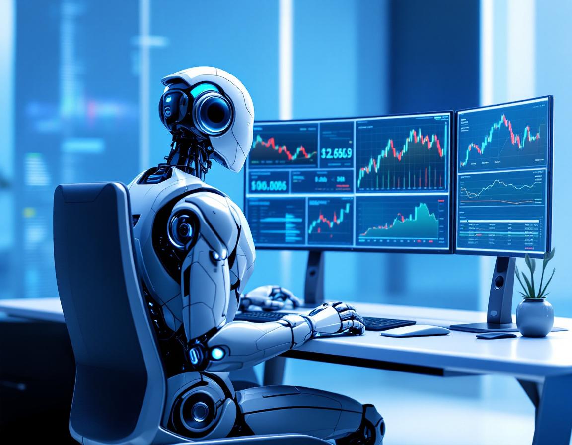 A hyper-realistic AI trading bot at a workstation, analyzing market data across multiple screens.