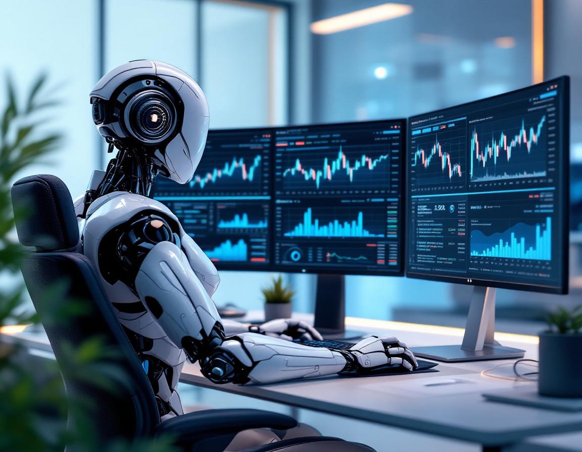 A humanoid AI trading bot analyzes market data at a high-tech workstation with multiple screens.
