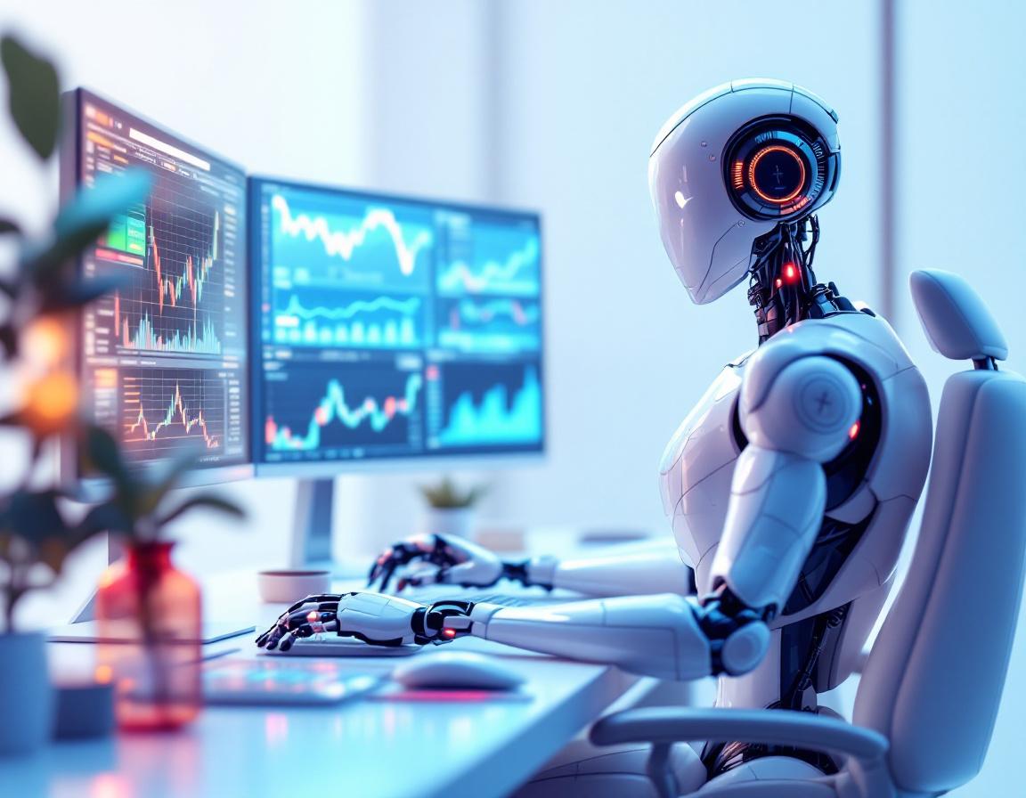 A hyper-realistic AI trading bot in a futuristic workspace analyzing stock and crypto market data.