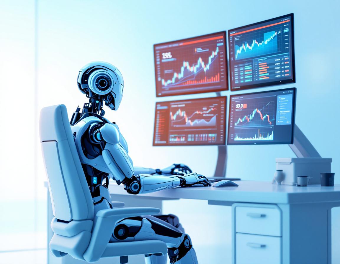 A humanoid AI trading bot at a workstation analyzes market data on screens in a futuristic setting.