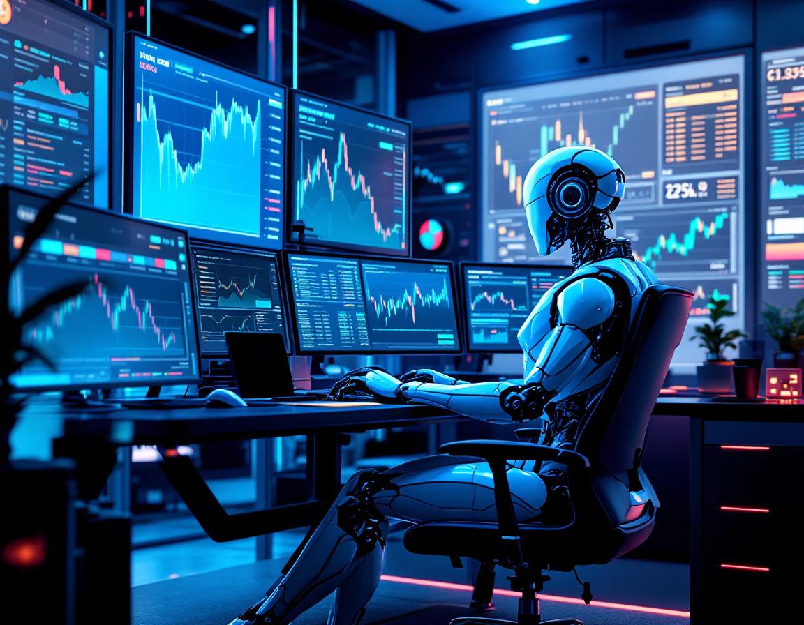A hyper-realistic AI trading bot in a futuristic environment analyzing data on multiple screens.