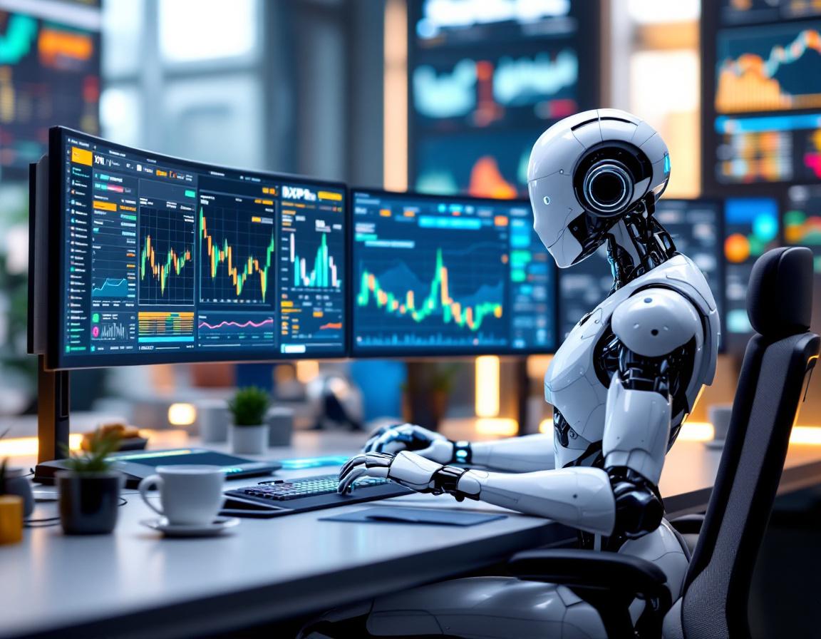A humanoid AI trading bot at a futuristic workstation analyzes market data on multiple screens.