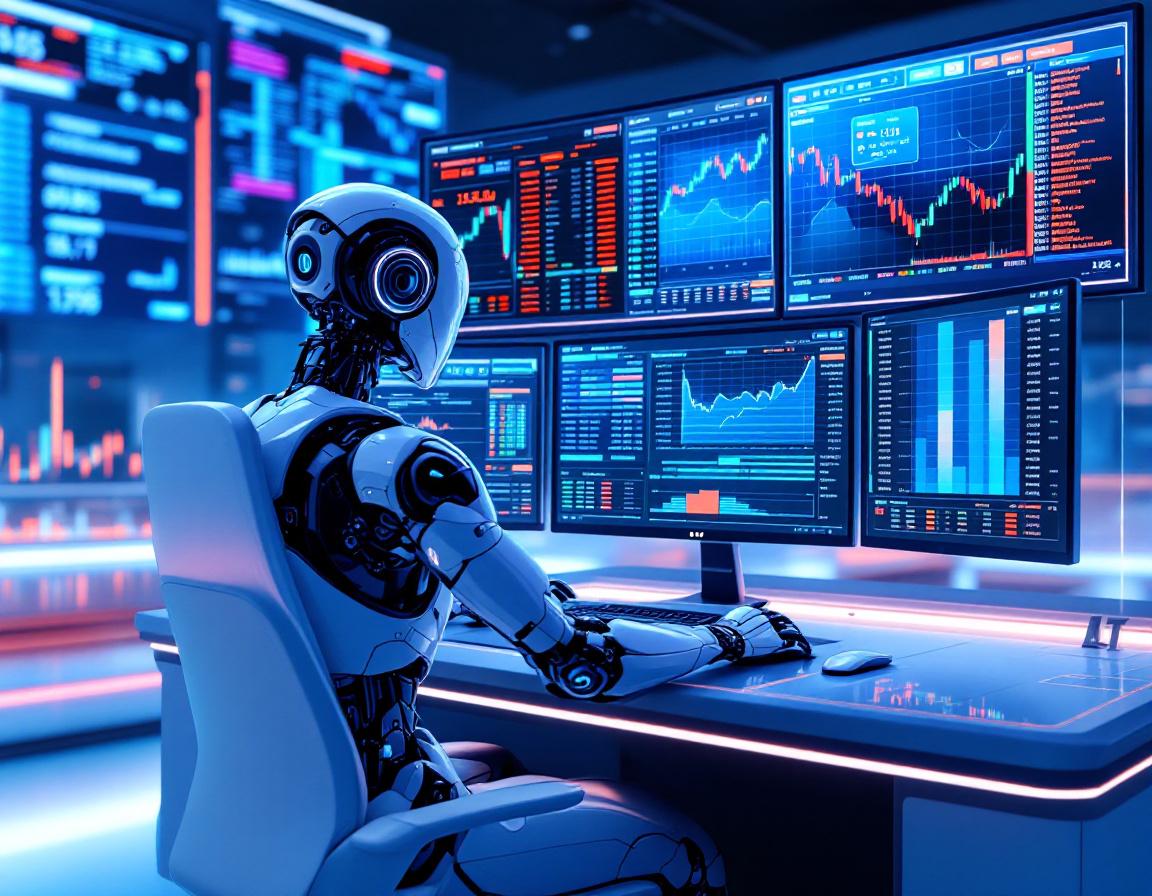 A hyper-realistic AI trading bot at a workstation, analyzing market data across multiple screens.