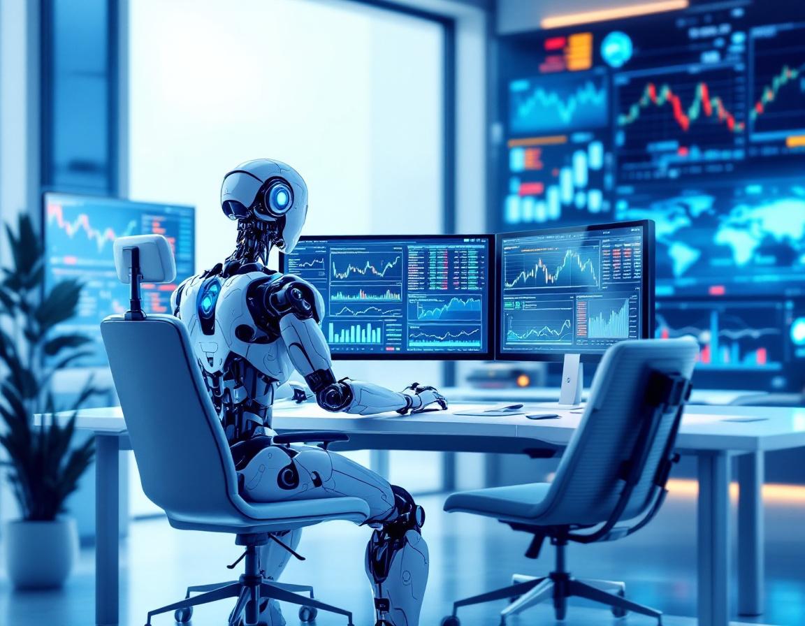 A humanoid AI trading bot at a futuristic workstation analyzes market data on multiple screens.