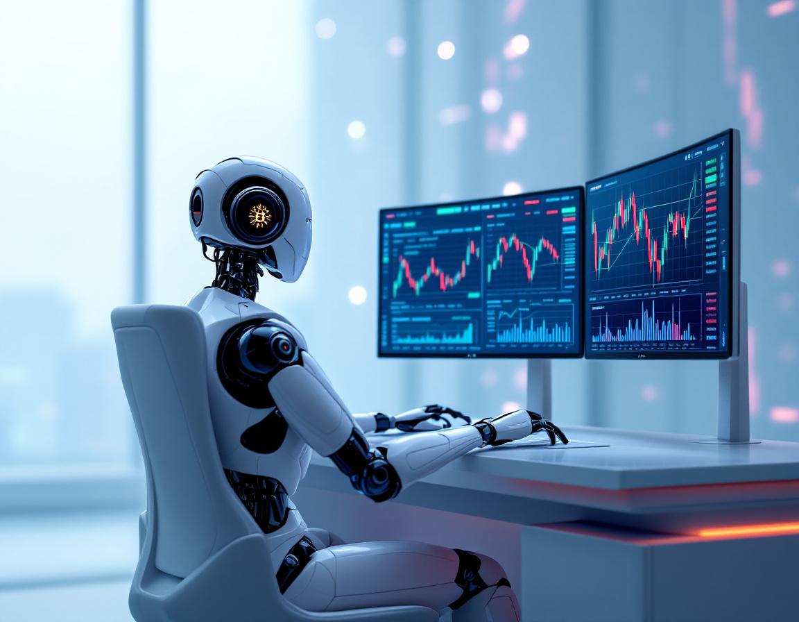 A hyper-realistic AI trading bot in a futuristic workspace analyzing crypto and stock market data.