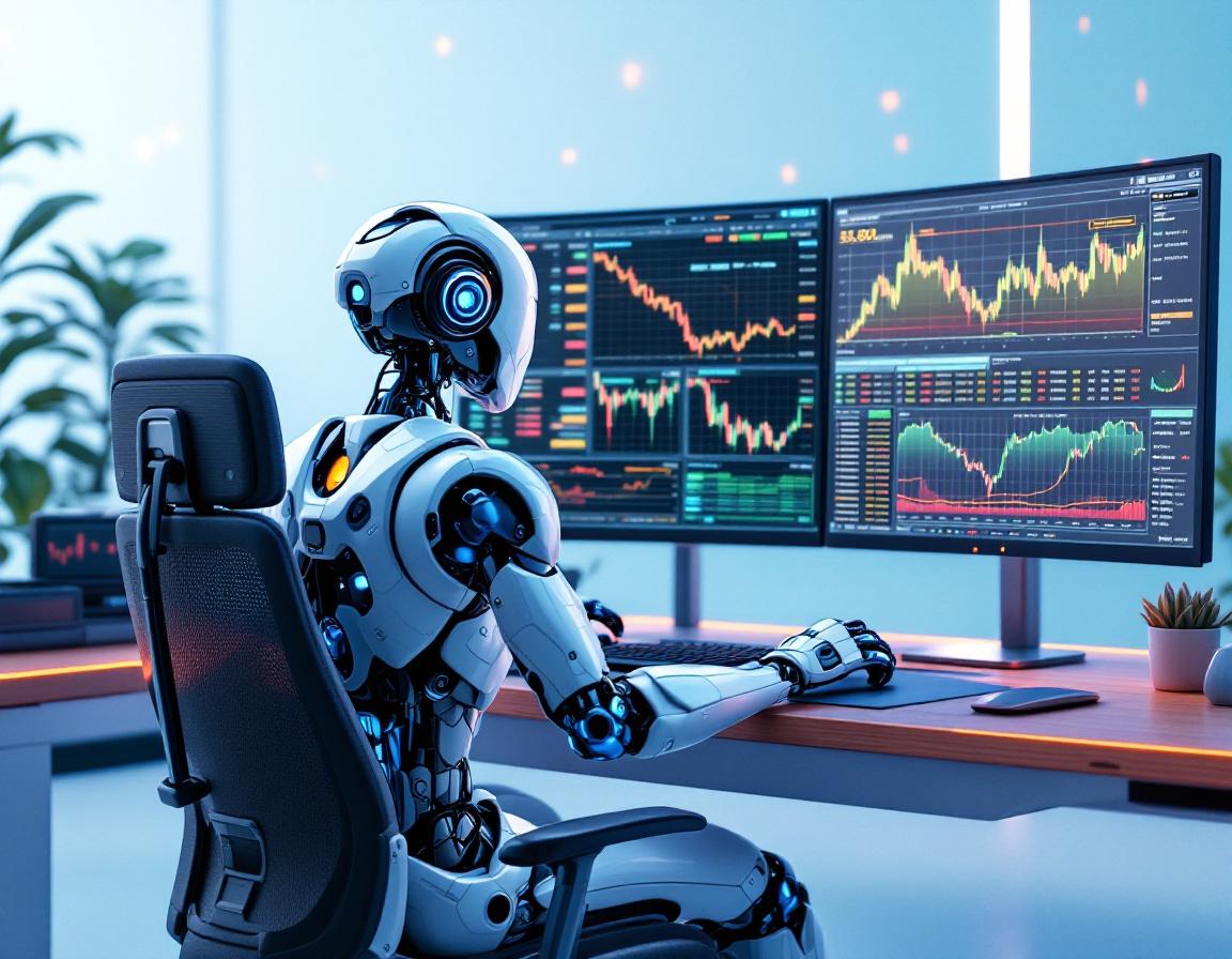A hyper-realistic AI trading bot in a futuristic office with screens showing crypto market trends.
