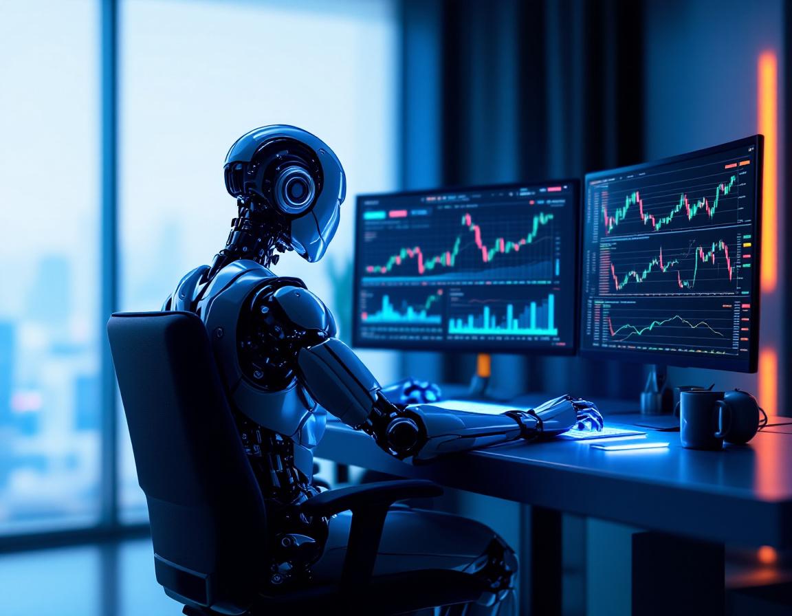 A humanoid AI trading bot at a sleek workstation, analyzing market data across multiple screens.