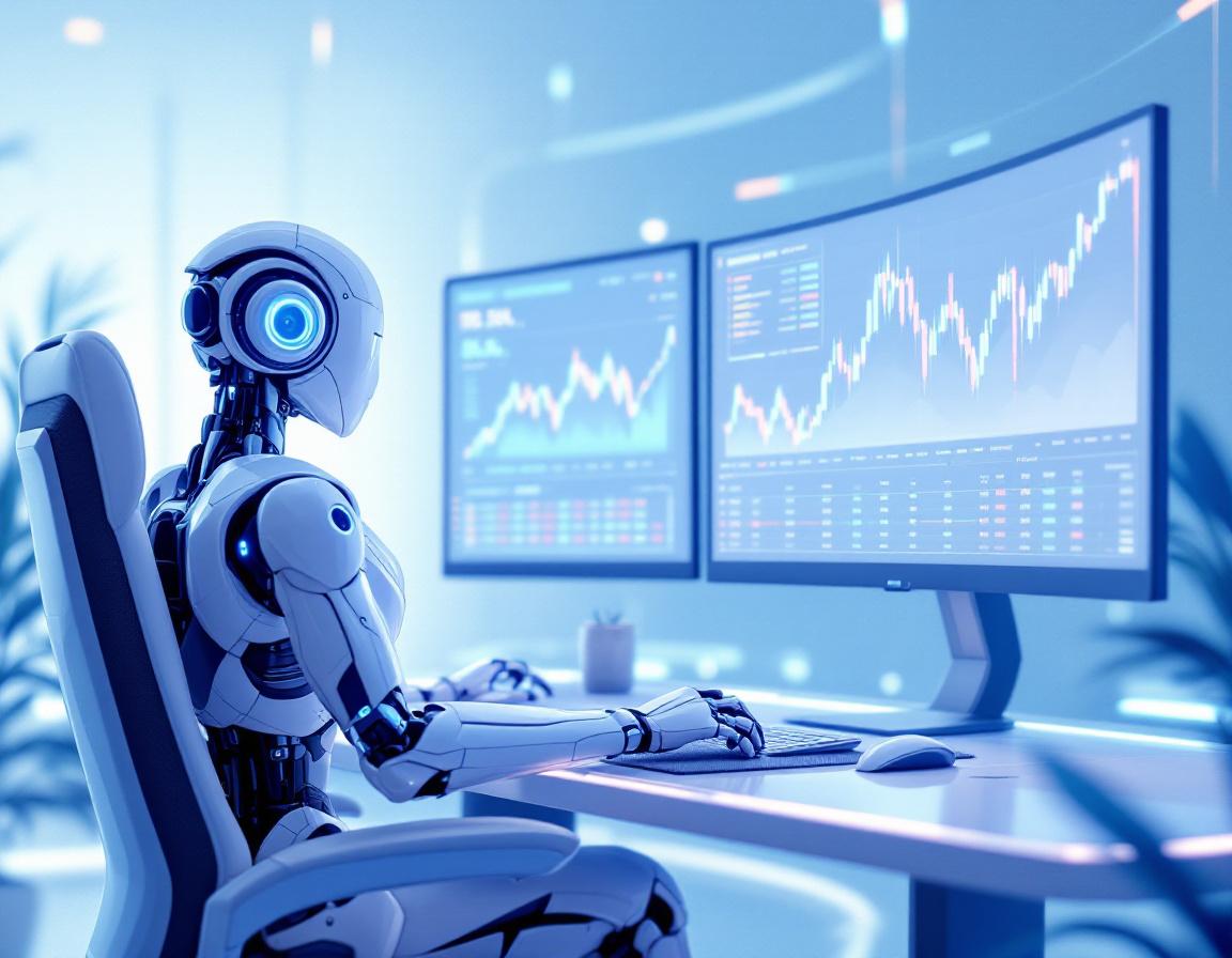 A hyper-realistic AI trading bot at a sleek workstation, analyzing market data on multiple screens.