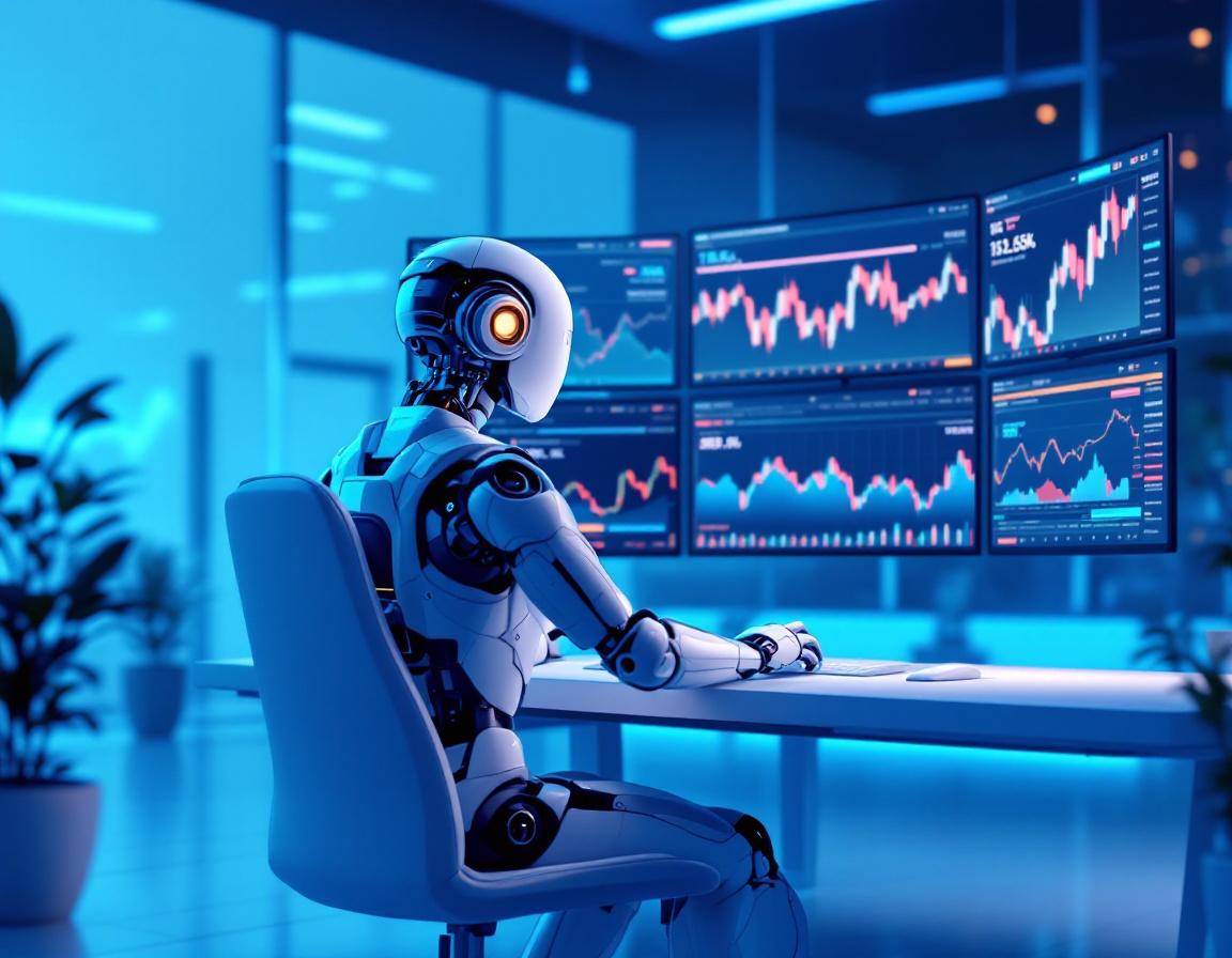 A humanoid AI trading bot at a futuristic workstation analyzing market data on multiple screens.