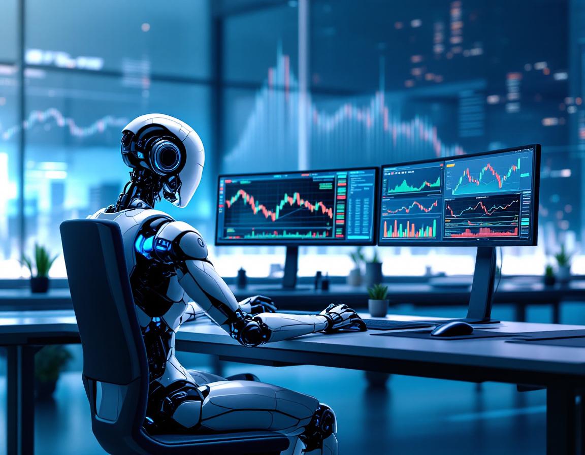 A humanoid AI trading bot analyzes market data at a futuristic workstation with multiple screens.