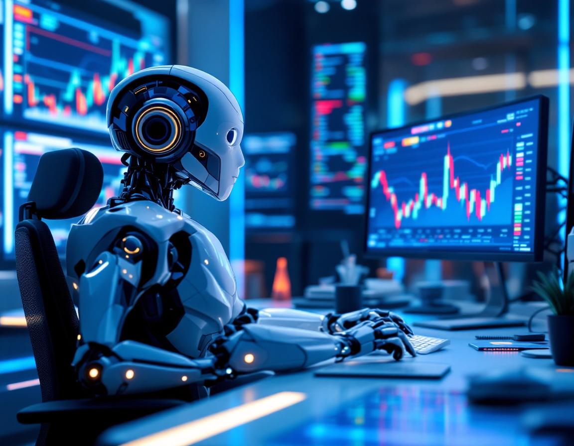 A hyper-realistic AI trading bot analyzes market data on sleek screens in a futuristic environment.