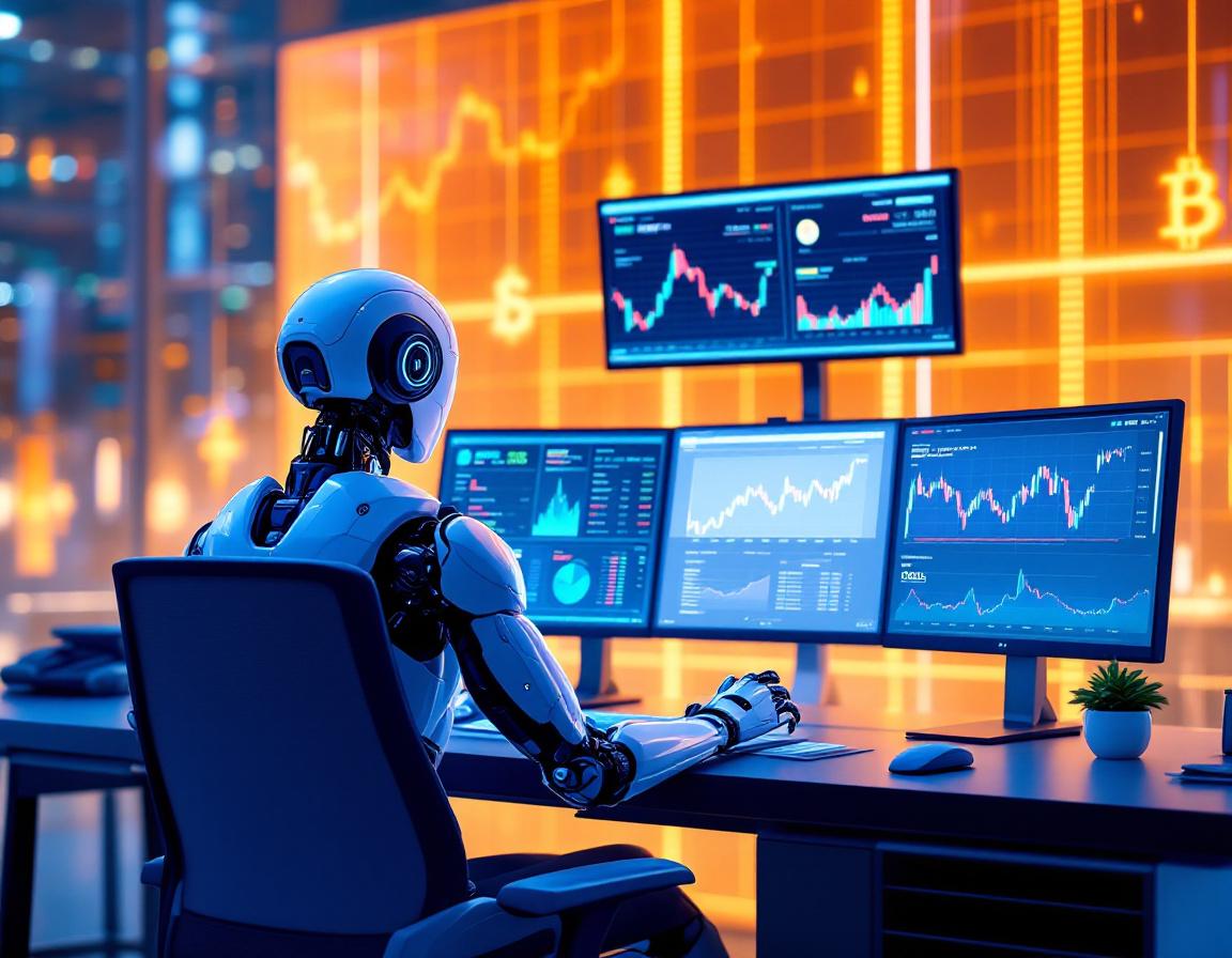 A humanoid AI trading bot analyzes market data at a high-tech workstation with multiple screens.