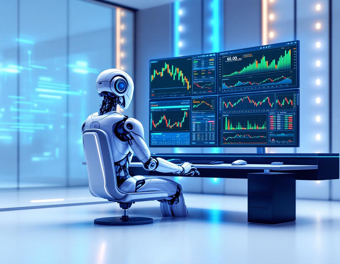 A humanoid AI trading bot at a high-tech workstation analyzes market data on multiple screens.