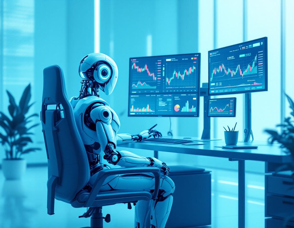 A hyper-realistic AI trading bot in a futuristic setting, analyzing market data on multiple screens.