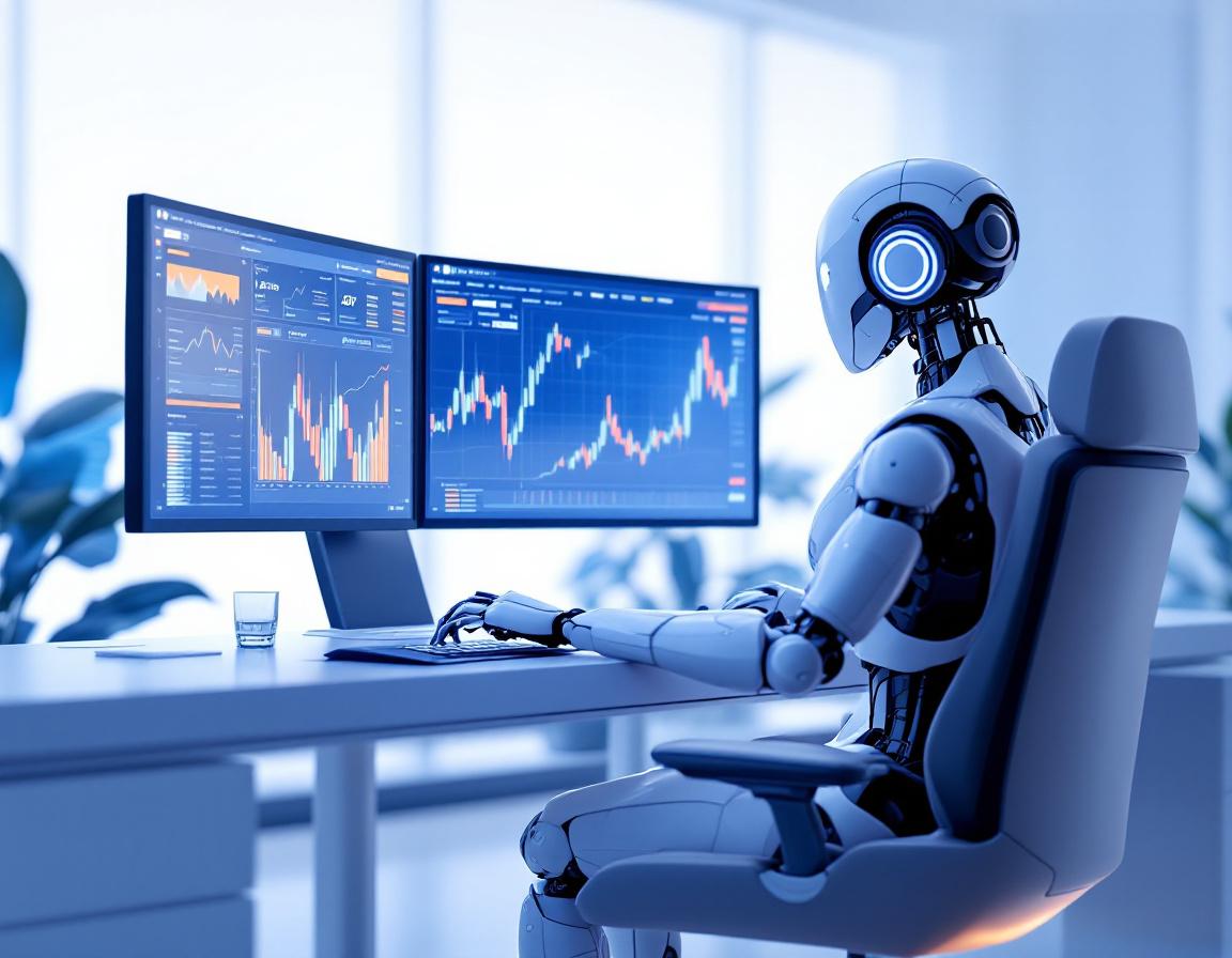 A humanoid AI trading bot analyzes market data at a sleek workstation with multiple trading screens.