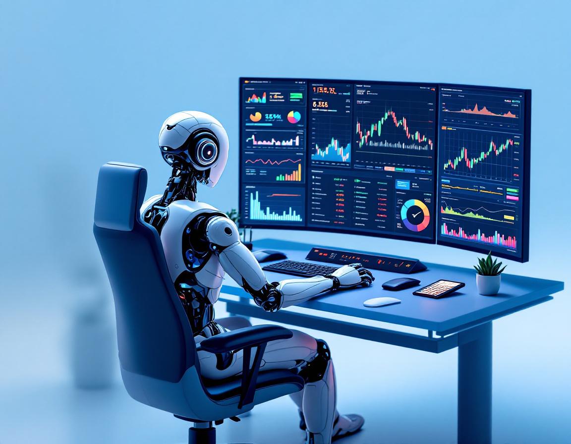 A humanoid AI trading bot at a high-tech workstation analyzing market data on multiple screens.