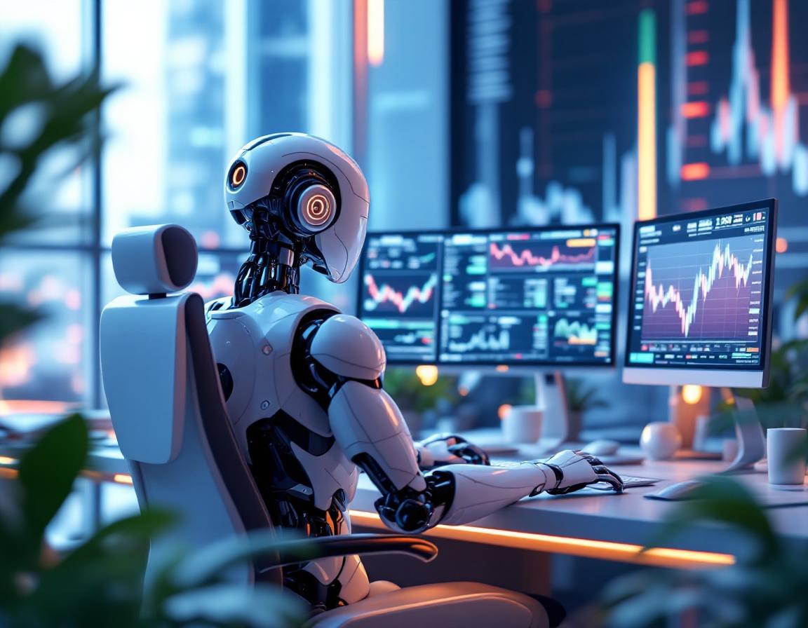 A humanoid AI trading bot at a futuristic workstation analyzing market data across glowing screens.
