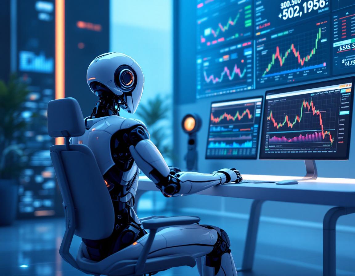 A hyper-realistic AI trading bot analyzes market data at a sleek workstation with multiple screens.