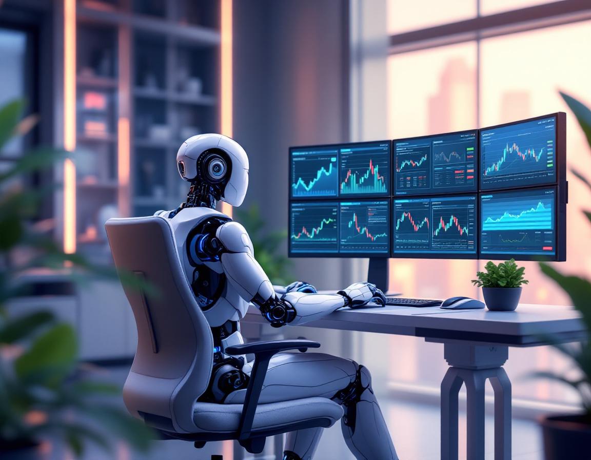 A hyper-realistic AI trading bot at a workstation, analyzing market data on multiple screens.