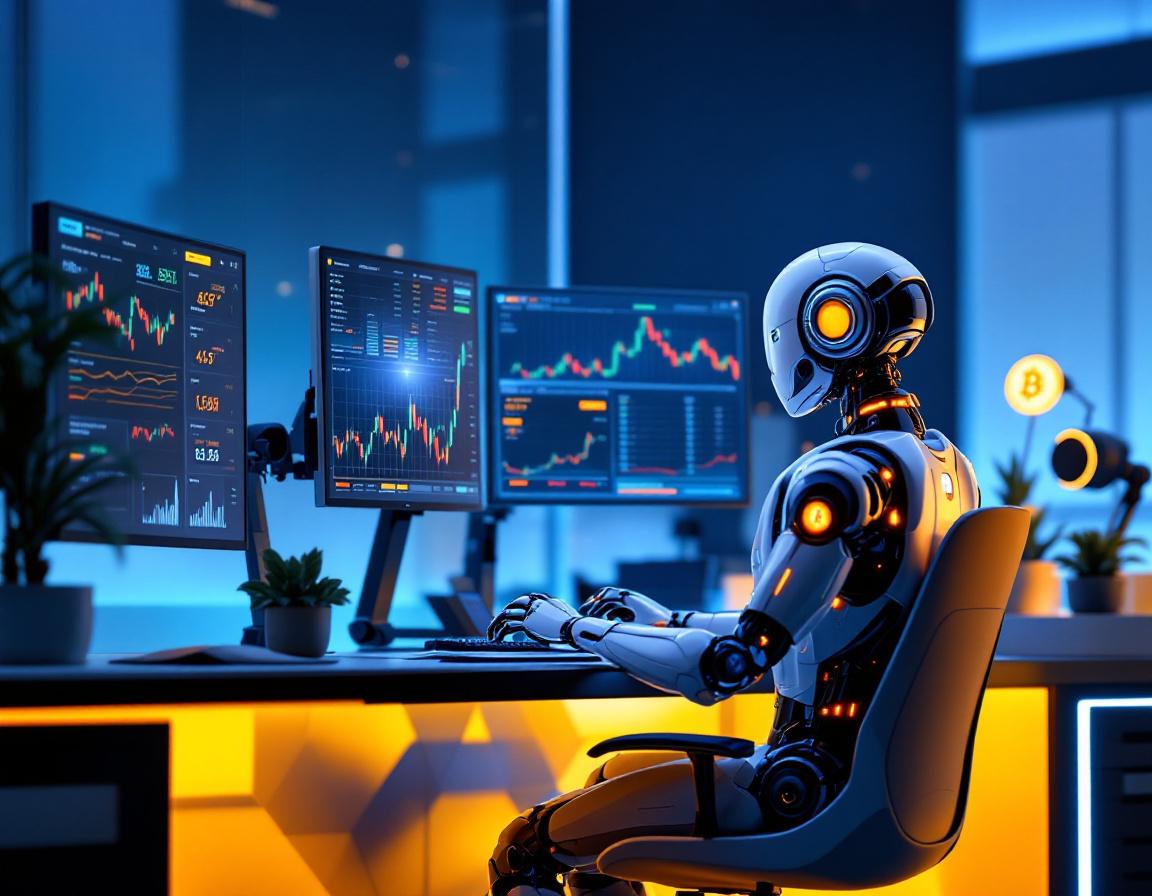 A humanoid AI trading bot analyzes market data at a sleek workstation with multiple digital screens.