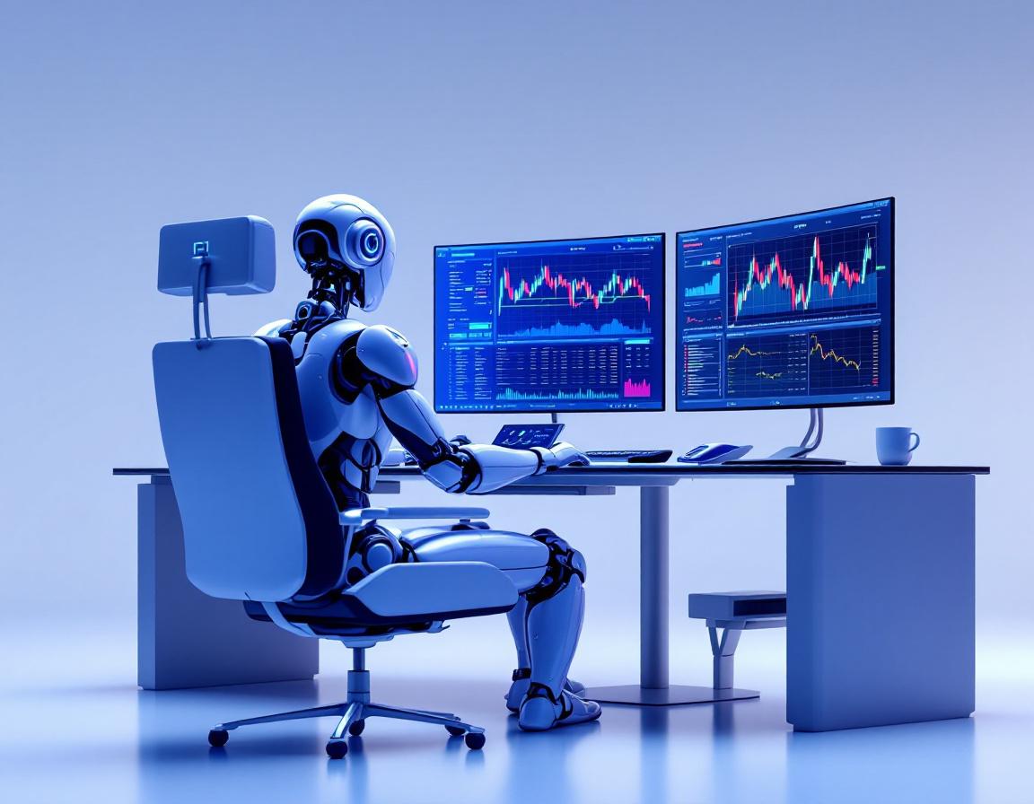 A humanoid AI trading bot at a workstation analyzing stock and crypto data on multiple screens.