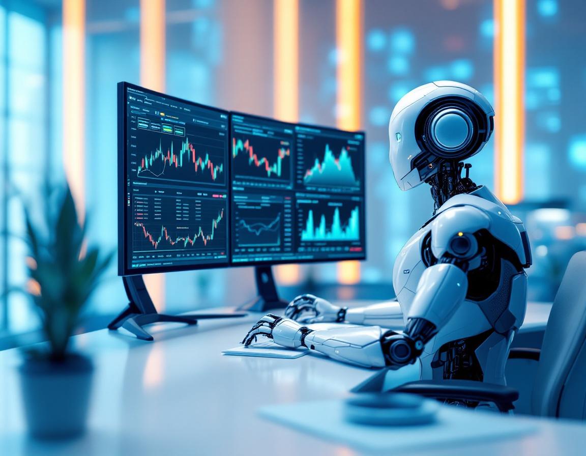 A hyper-realistic AI trading bot at a workstation analyzing market data on multiple vibrant screens.
