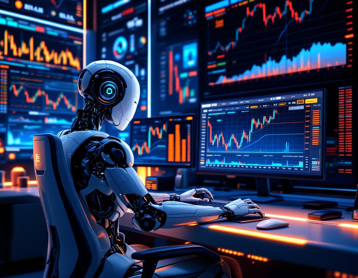 A sleek humanoid AI trading bot analyzes data at a high-tech workstation in a futuristic setting.