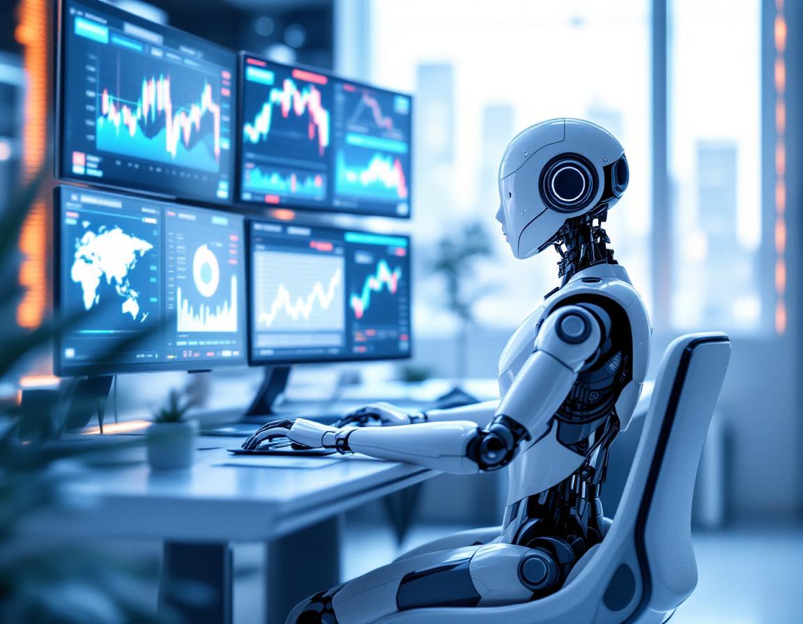 A hyper-realistic AI trading bot in a sleek workspace analyzing market data with multiple screens.