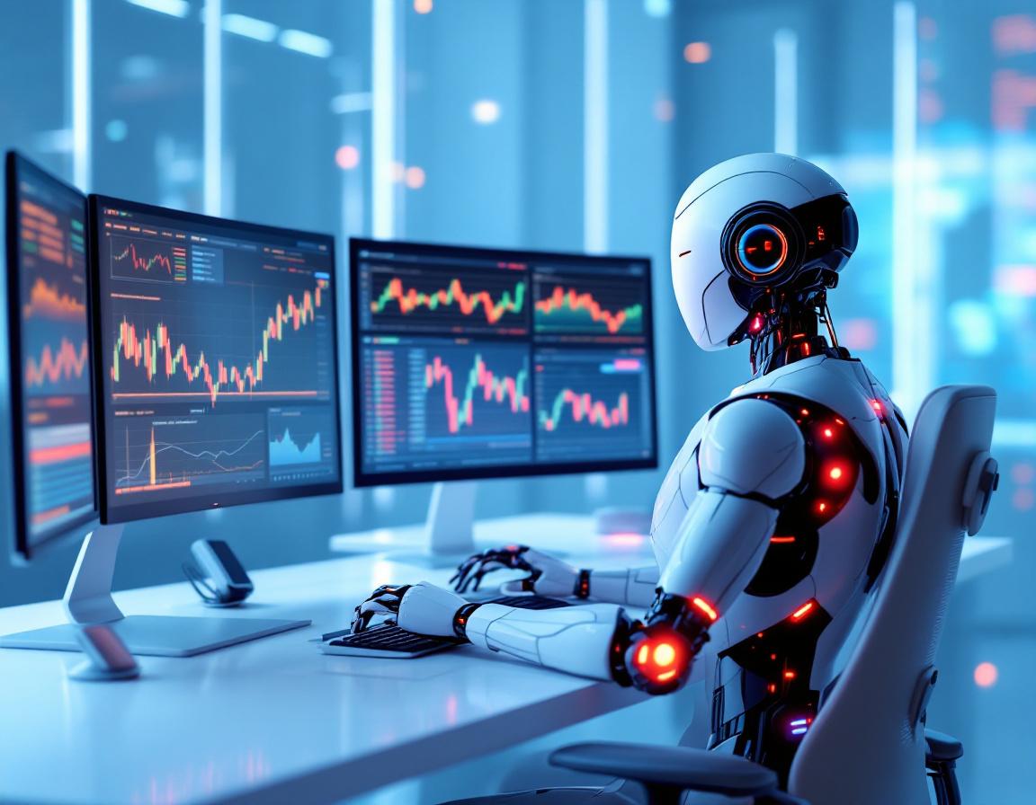 A hyper-realistic AI trading bot seated at a workstation, analyzing market data on multiple screens.