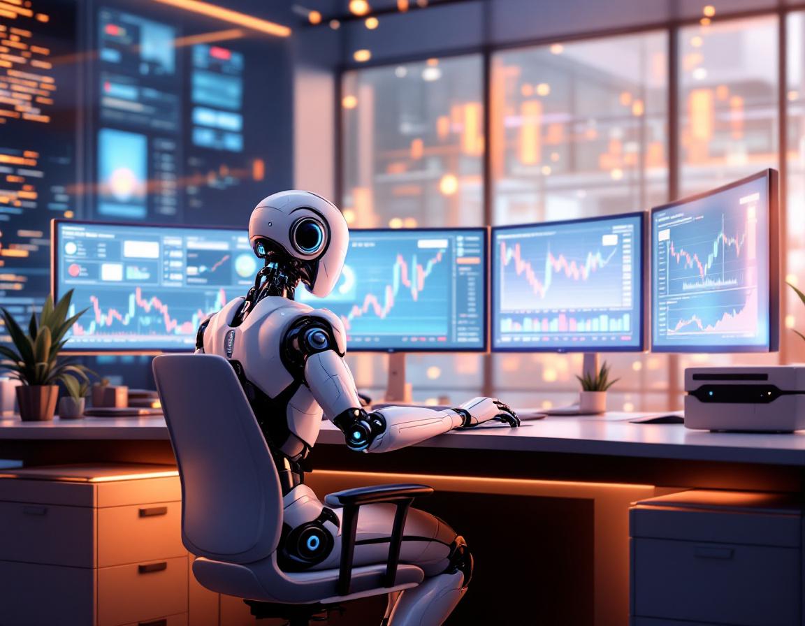 A hyper-realistic AI trading bot at a workstation analyzing market data across multiple screens.