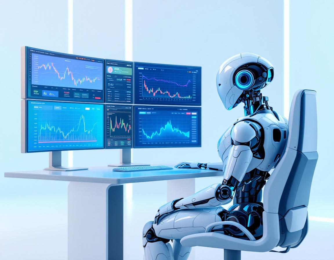 A hyper-realistic AI trading bot at a high-tech workstation analyzing crypto and stock market data.