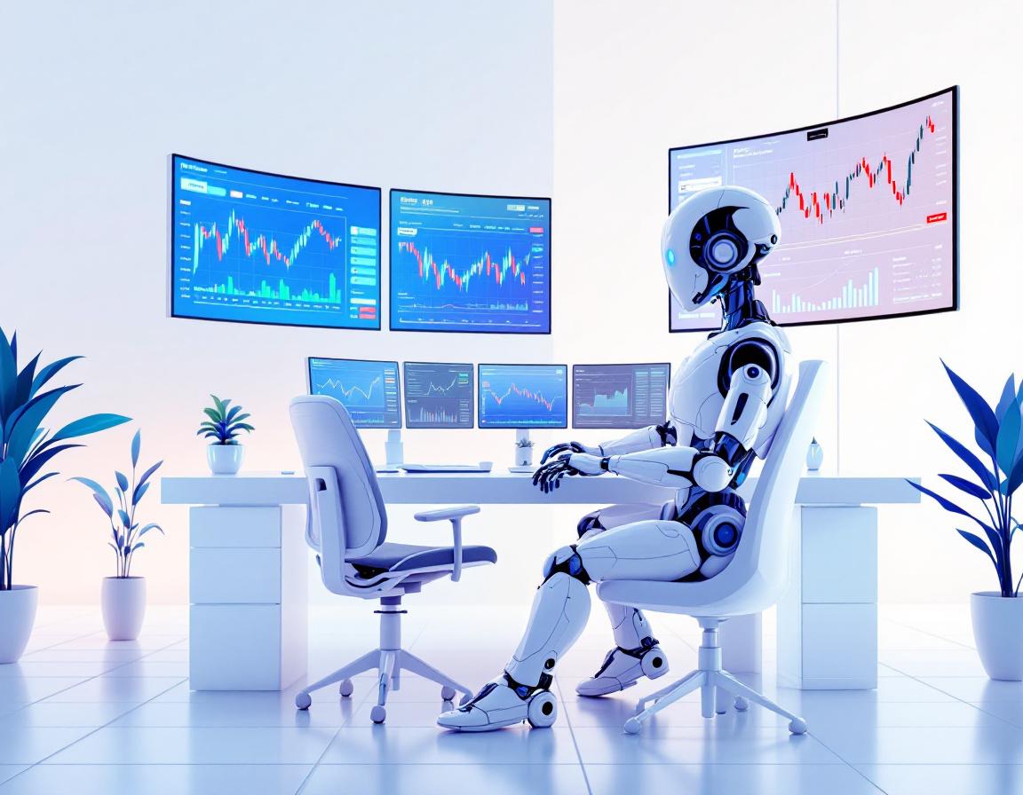 A sleek AI trading bot at a high-tech workstation analyzes market data on multiple glowing screens.