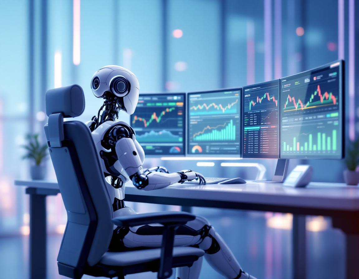 A hyper-realistic AI trading bot analyzes market data in a futuristic financial environment.