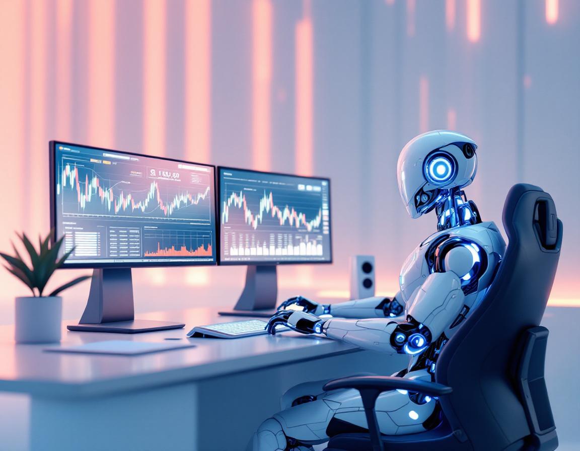 A hyper-realistic AI trading bot seated at a workstation analyzing market data on multiple screens.