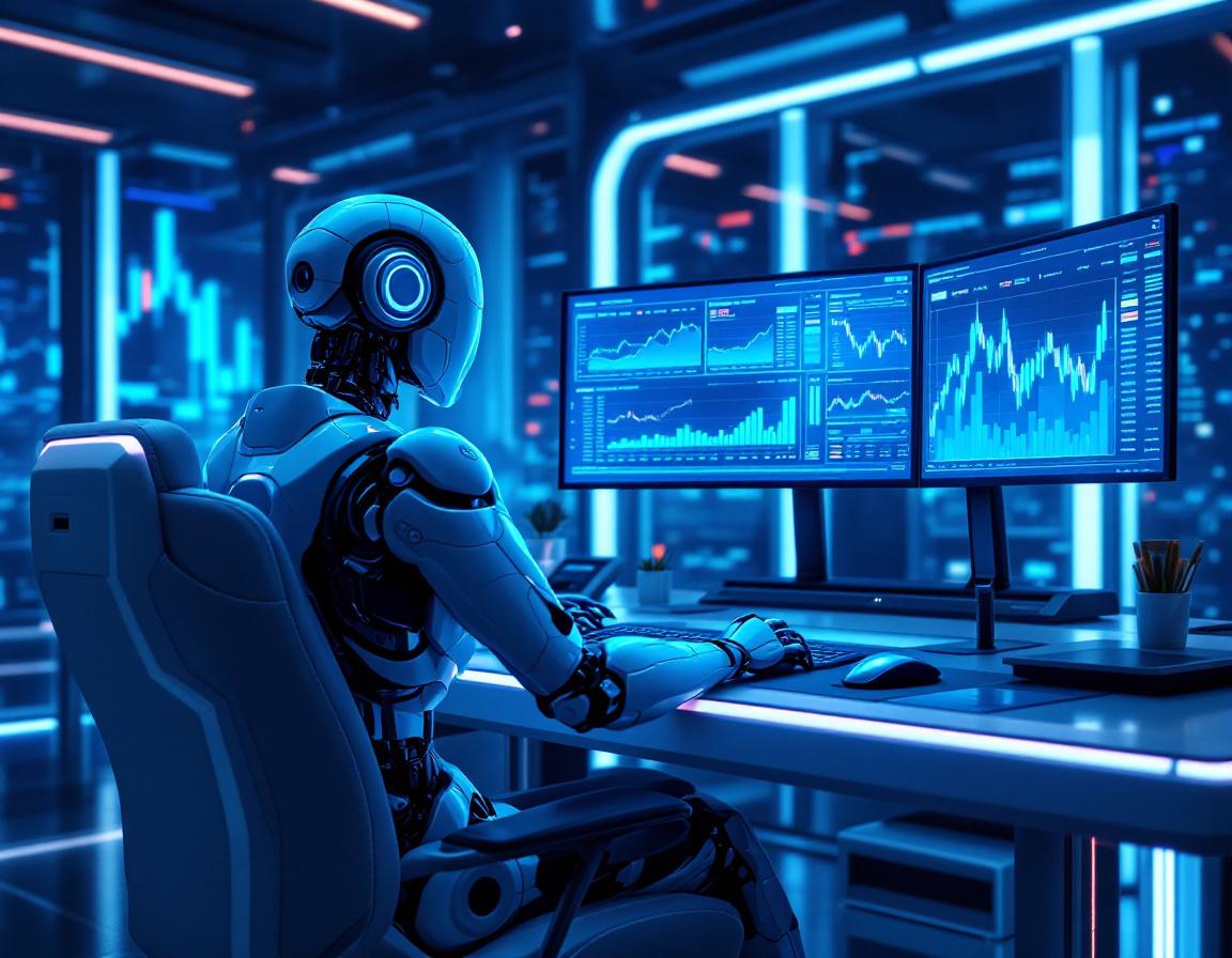 A humanoid AI trading bot analyzes market data at a high-tech workstation with multiple screens.