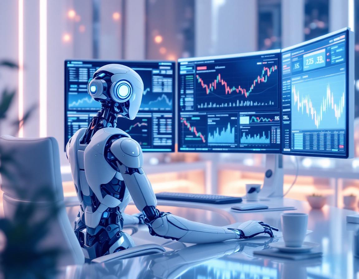 A humanoid AI trading bot at a workstation, analyzing crypto market data on multiple screens.