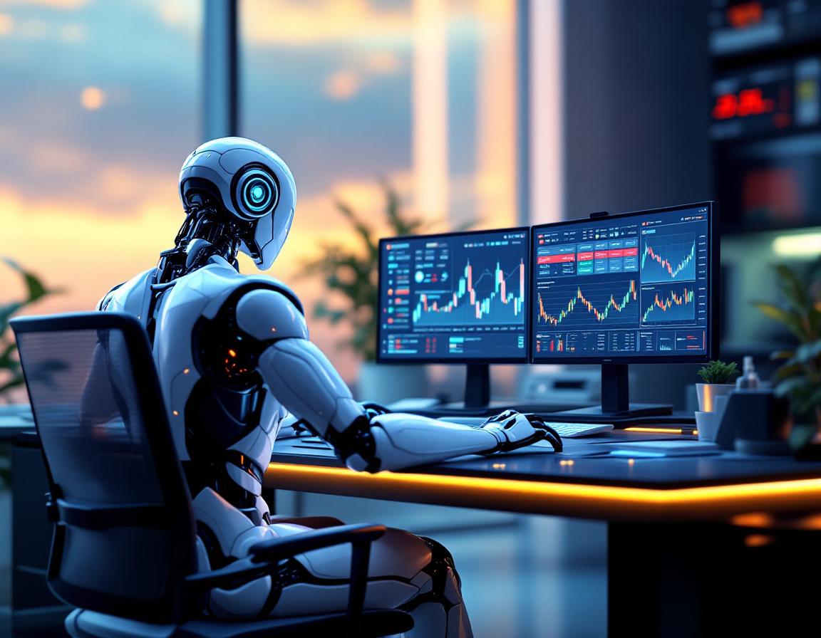 Hyper-realistic AI trading bot at a workstation, analyzing market data across complex screens.