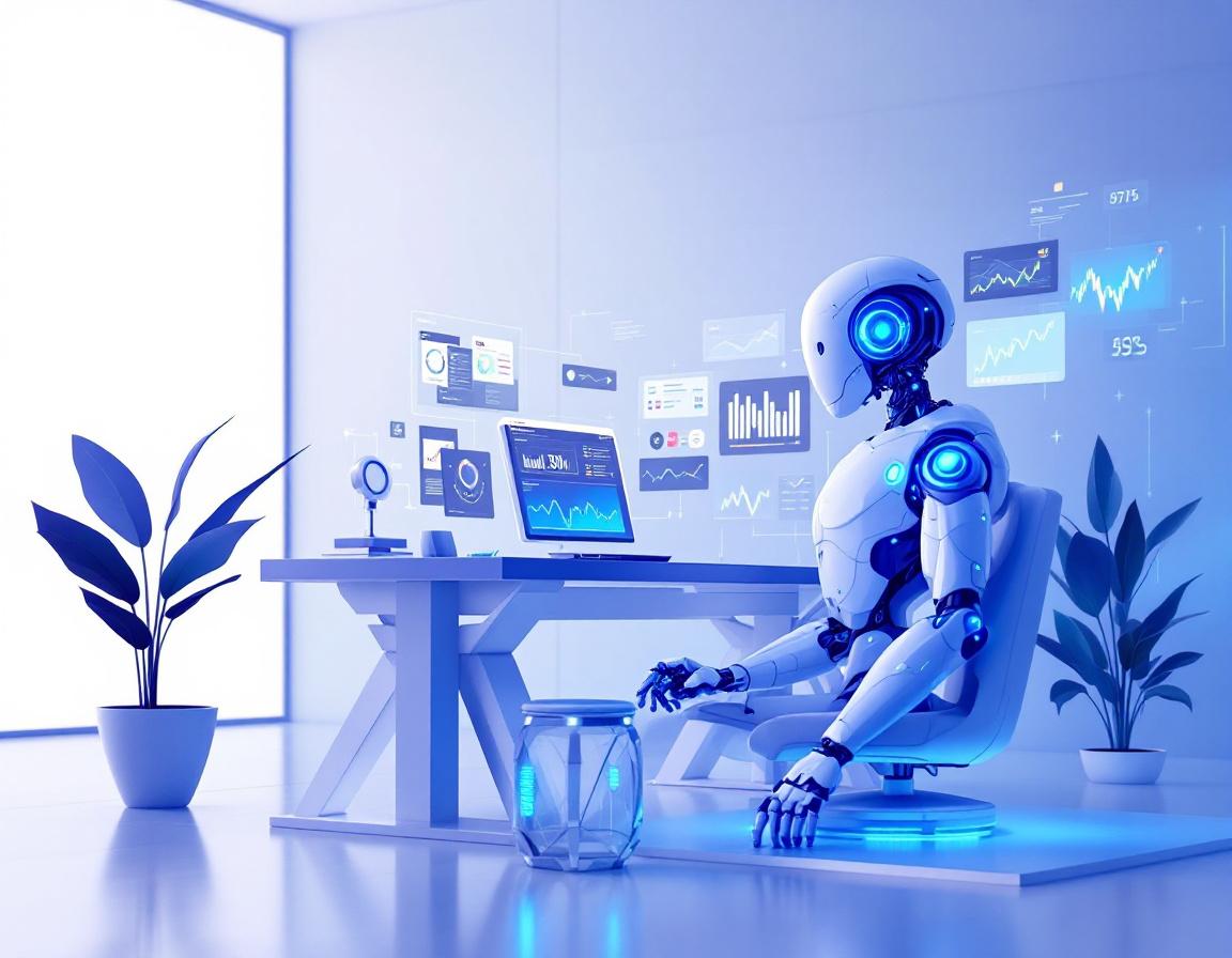 A hyper-realistic AI trading bot at a futuristic workstation analyzing crypto and stock market data.