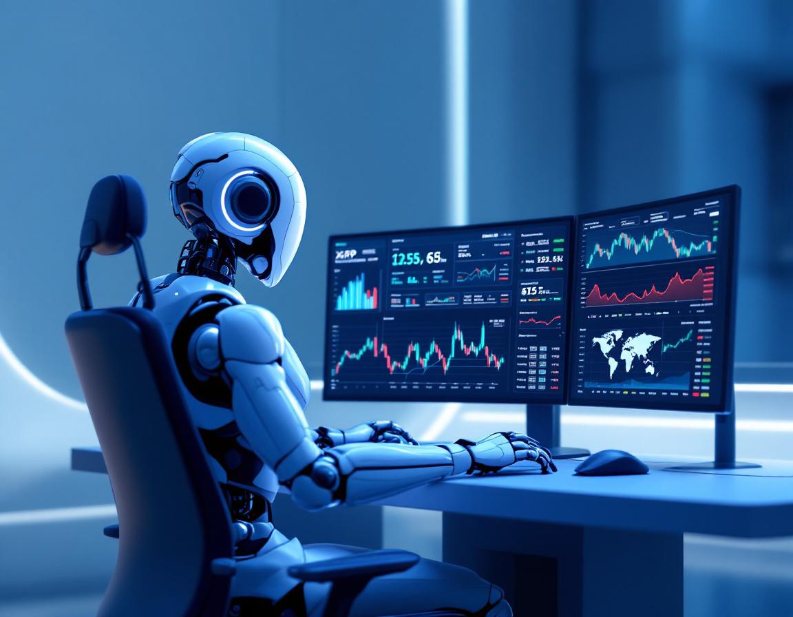 A hyper-realistic AI trading bot in a high-tech workspace analyzing market data on multiple screens.