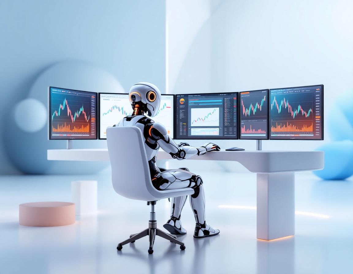 A futuristic AI trading bot operates at a high-tech station, analyzing markets on multiple screens.