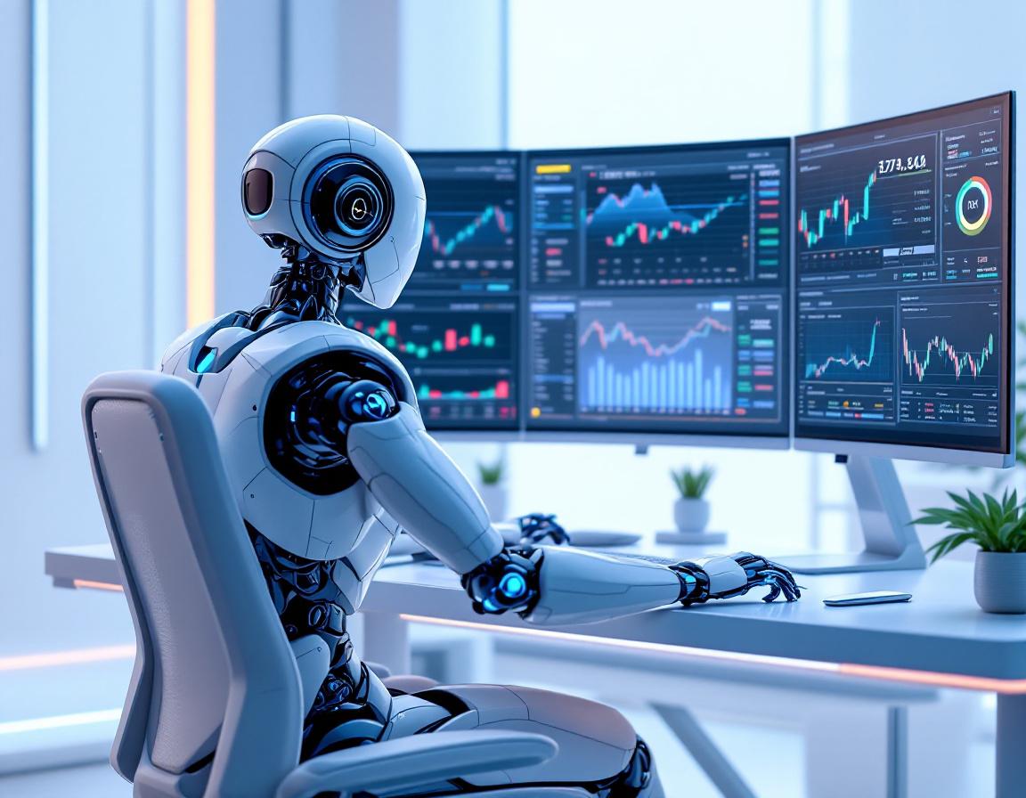 A humanoid AI trading bot at a high-tech workstation analyzing market data, with glowing screens.