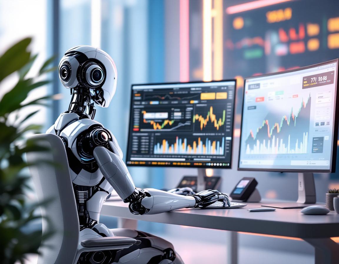 A hyper-realistic AI trading bot at a high-tech workstation analyzing stock and crypto market data.