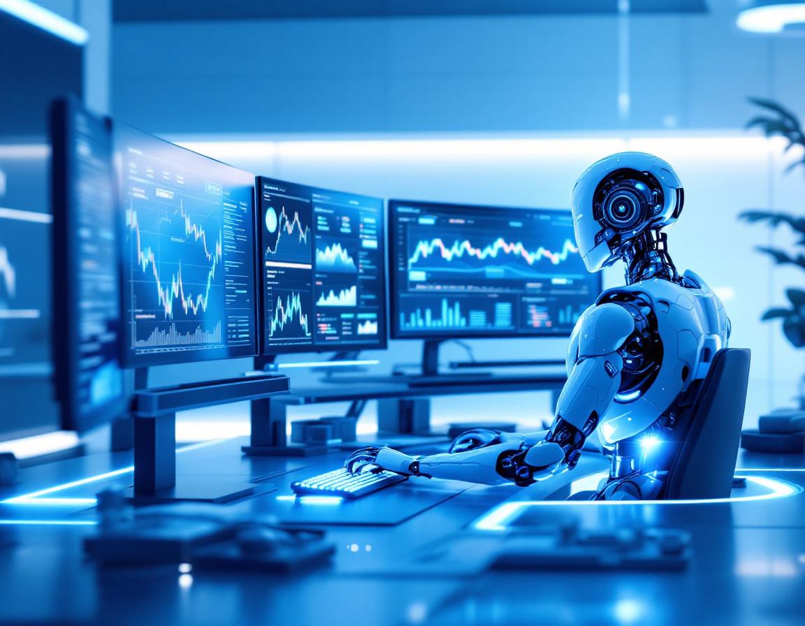 A hyper-realistic AI trading bot in a futuristic environment monitors stock and crypto market data.