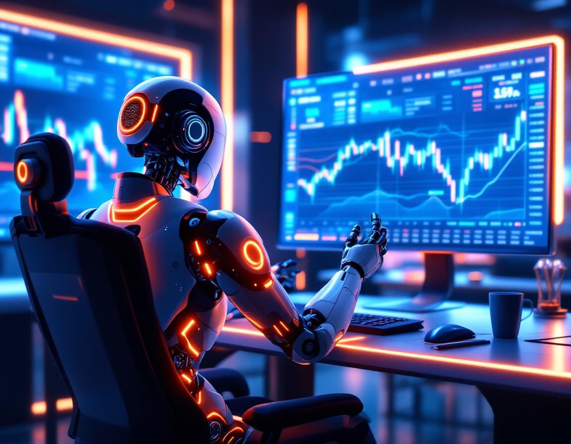 A humanoid AI trading bot at a workstation, analyzing market data on multiple vibrant screens.