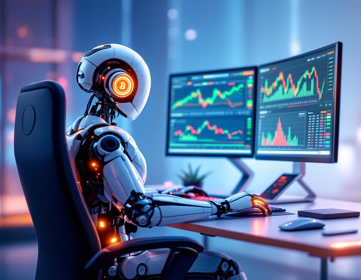 A hyper-realistic 3D AI trading bot at a workstation, analyzing market data on multiple screens.