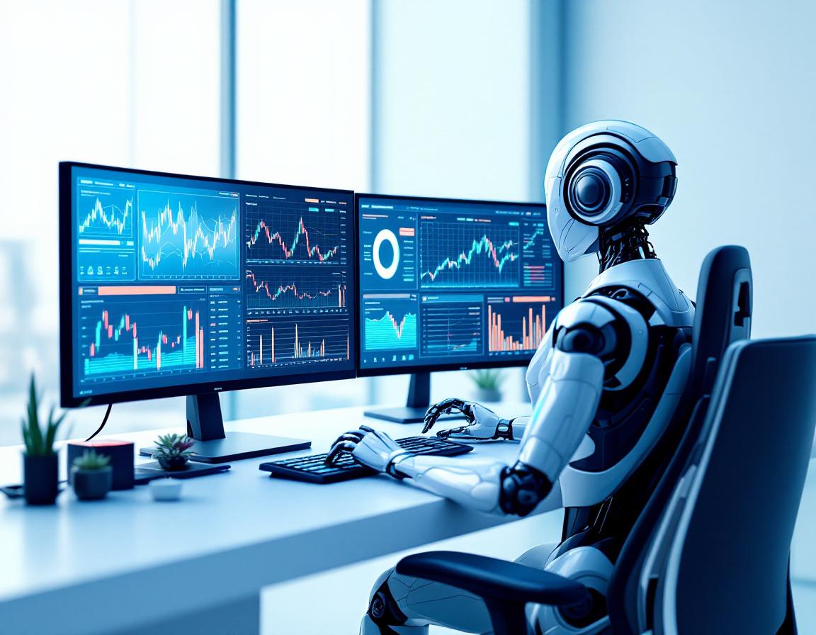 A hyper-realistic AI trading bot analyzes market data at a sleek workstation with multiple screens.