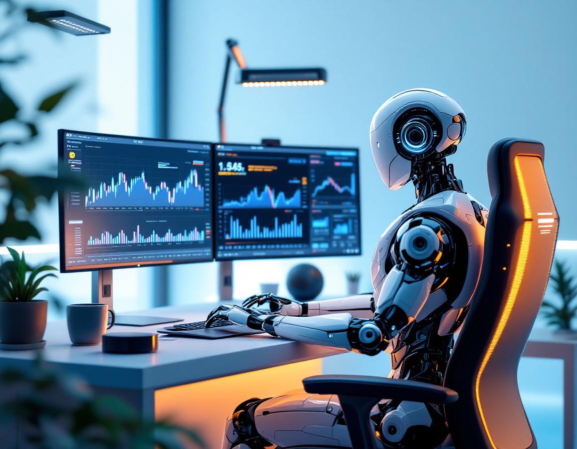 A hyper-realistic AI trading bot at a high-tech workstation, analyzing stock and crypto market data.
