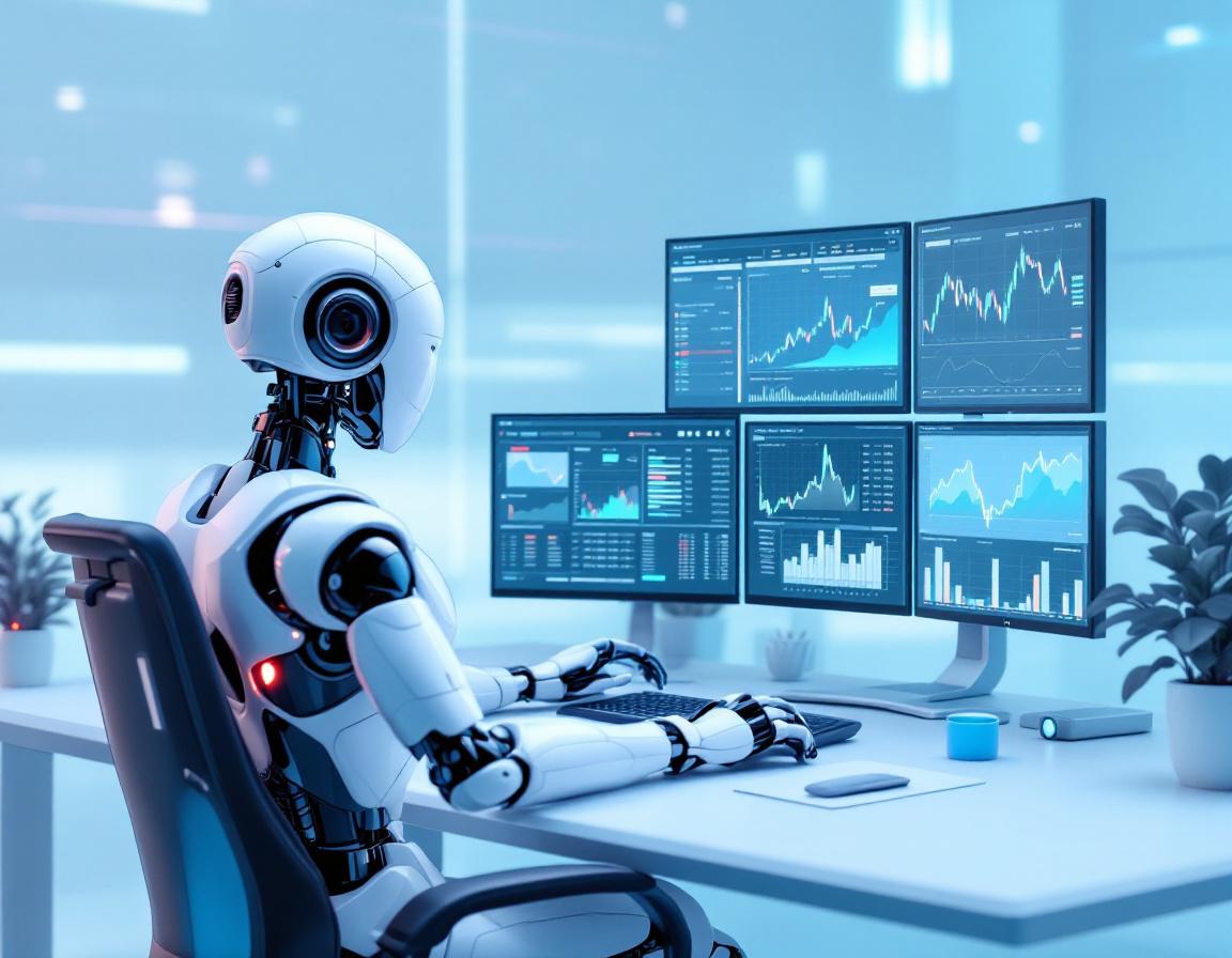 A humanoid AI trading bot analyzes market data at a futuristic workstation with multiple screens.