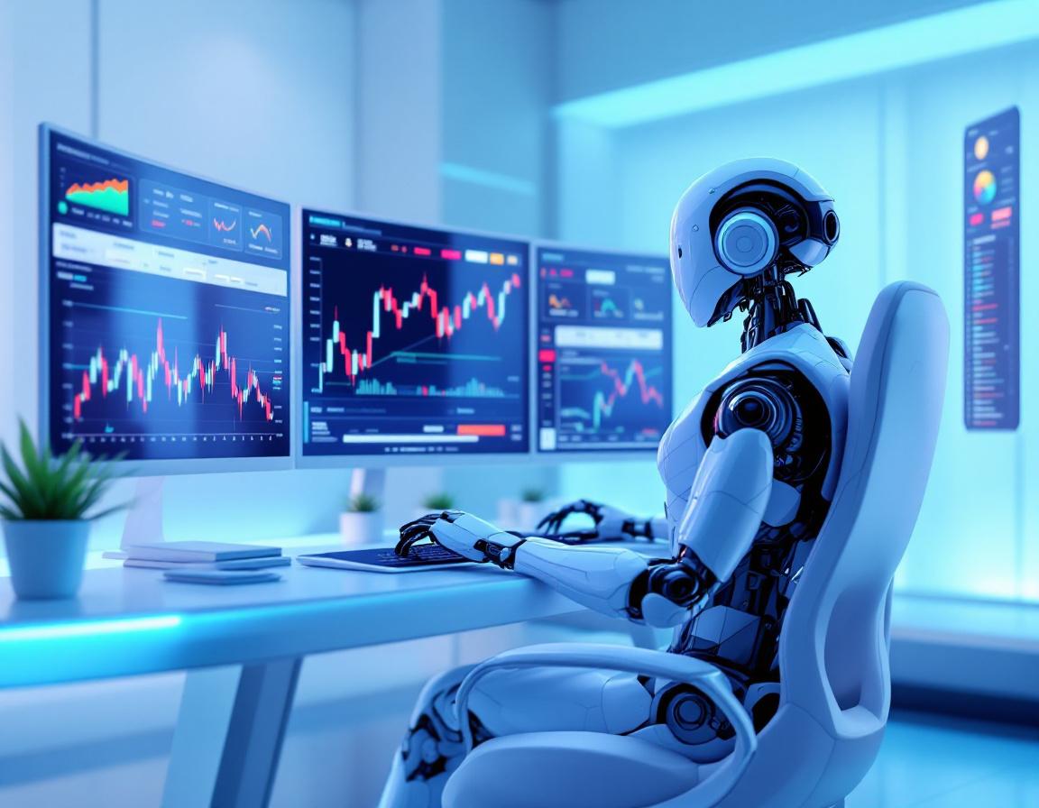 A hyper-realistic AI trading bot analyzes market data on multiple screens in a futuristic setting.
