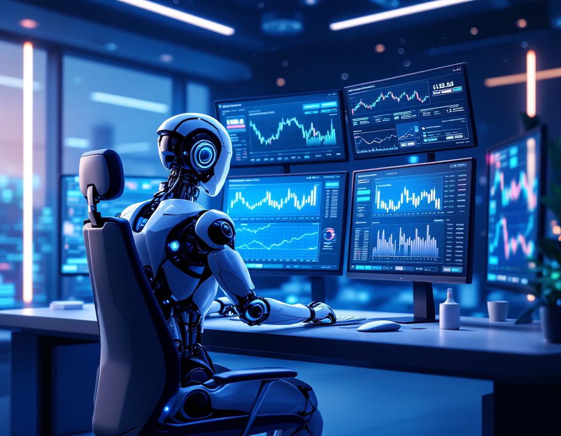 A humanoid AI trading bot analyzes market data at a high-tech workstation surrounded by screens.